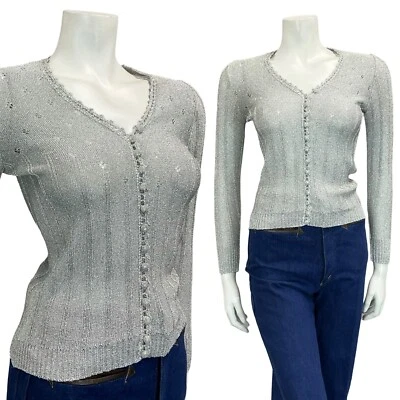 VTG 70S SILVER LUREX DISCO PARTY BUTTON DOWN LACE STRIPED CARDIGAN TOP 6 8 - Image 1 of 4