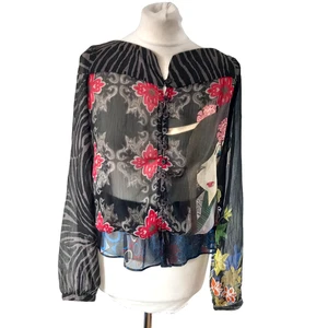 Desigual Multicolor Sheer Abstract Geisha Long Sleeve Top Festival Boho 38 UK 10 - Picture 1 of 14