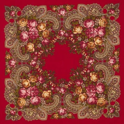 35" Red Stranger Wool Pavlovo Posad Shawl 779-5 Павловопосадский Платок - Image 1 of 4