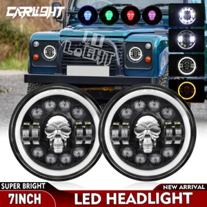2x 7" inch Round RGB Skull LED Headlight Halo DRL For Land Rover Defender 90 110 - Picture 1 of 19