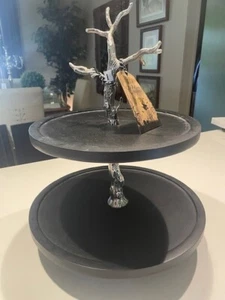 HALLOWEEN WOODEN TREE TWIG 2 TIER SERVING TRAY APPETIZER DESSERT STAND Brand New - Picture 1 of 3