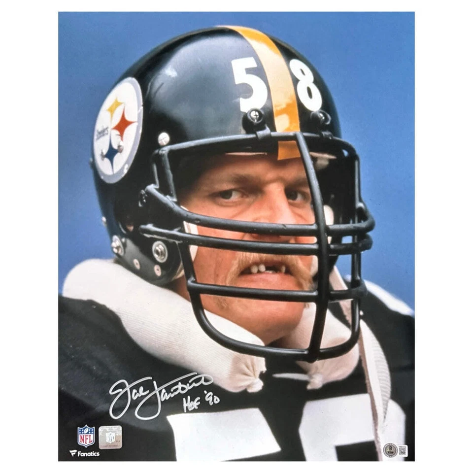 Foto de fútbol americano de Pittsburgh firmada por Jack Lambert HOF 90 inscripción 16x20 (Beckett) Foto 1 de 1