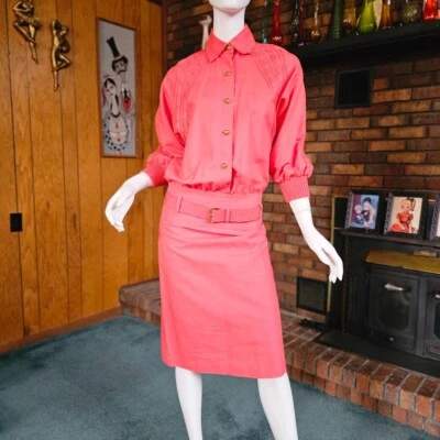 Vtg 80s Lillie Rubin Monochrome Salmon Blouson Pencil Uptown Linen Party Dress S - Image 1 of 4