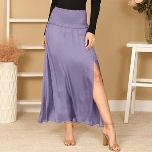 OLIVACEOUS Purple Smocked Waist Thigh High Split Side Soft Satiny Feel Skirt - Picture 1 of 9