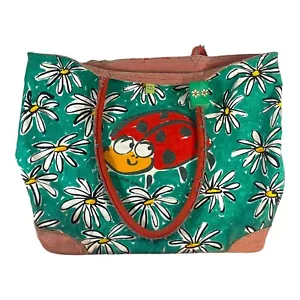 Sally Huss Sunny Thoughts Cotton Tote Bag Ladybug Daisies Design Red & Green 15" - Picture 1 of 16