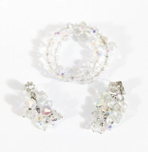 Vintage Crystal Jewelry Set Dangle Clip On Earrings Wrap Bracelet - Bild 1 von 8