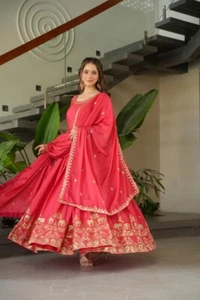 Pink Anarkali Gown With Dupatta Indian Party Wear Gown - Picture 1 of 15