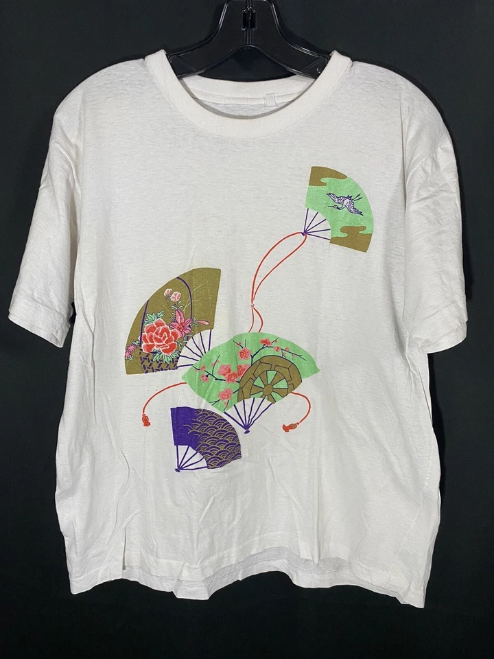 Camiseta Vintage Puntada Única Blanca Floral Oriental Asiática Flor de Cerezo Talla M Foto 1 de 4