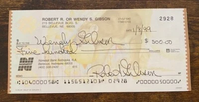 Подписанный чек Боба Гибсона СУПЕРРЕДКИЙ с автографом жены Венди из St. Louis Cardinals - Изображение 1 из 3