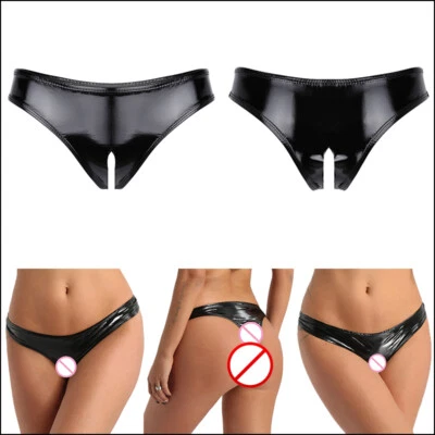 Damen Wetlook Leder Slip Offener Schritt String Tanga Panties Unterwäsche Sexy - Bild 1 von 4