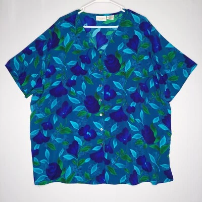 Top Jaclyn Smith Botón Mujer 26W Manga Corta Azul Verde Floral Años 90 Bloomcore Foto 1 de 4