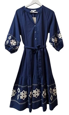 Vestido maxi See And Be Seen tamanho S azul bordado mistura de linho balão 3/4 novo com etiquetas - Imagem 1 de 4