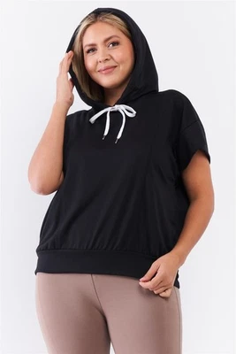 Black Short Wing Sleeve Relaxed Fit White Draw String Tie Hood Detail Top - Image 1 of 4