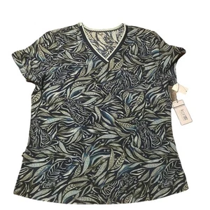 Koi Scrub Top Women’s Sz M Medium Floral Leaves Green Floral Stretch NWT Blue - Picture 1 of 6