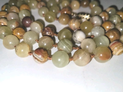 Multi-colored Green Brown Onyx Beaded Fashion Necklace Hand Knotted Vintage - Image 1 of 4