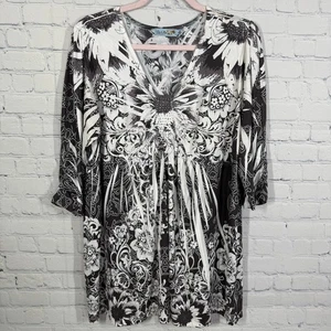 Y2K Babydoll Tunika Damen verziert Damen 1X Boho Chic fließend Strick Perlen Bluse - Bild 1 von 10