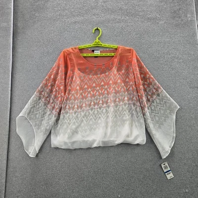 Alfani Women Blouse XL Orange Geometric Cheer Crew Neck Pullover NWT - Image 1 of 4