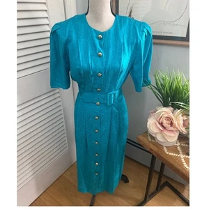 Vintage 80s PAPELL TOO Womens Dress Belted Midi Sheath Cocktail Office Silk | 6 - Picture 1 of 10