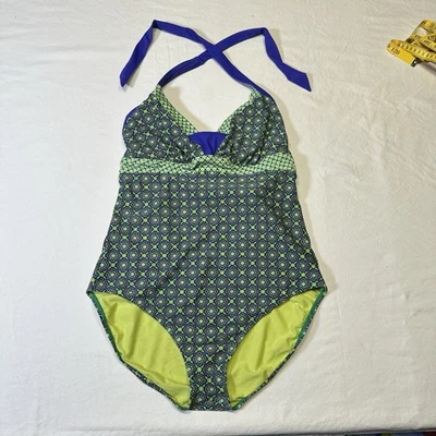 prAna XL Traje de Baño de Una Pieza Estampado Retro Halter Traje de Baño Verde Azul Patrón Foto 1 de 4