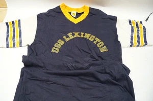 VTG USS Lexington V-Neck Velva Sheen Poly Blend T-Shirt Navy Gold Size L C221 - Picture 1 of 9