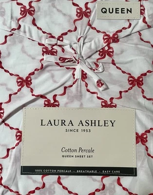 全新 Laura Ashley Queen Percale 棉红色蝴蝶结和丝带 4 件套,全新 — 第 1/2 张图片