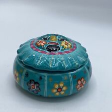 Hand Painted Red Clay Mexican Trinket Jewelry Box Sun Floral Turquoise