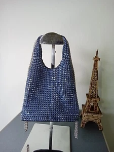 ELEGANT GENUINE CLUTCH STONE BUCKET BAG BLUE COLOR - Picture 1 of 8
