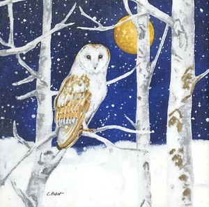 T947# 3 x Single Paper Napkins For Decoupage Owl Bird In Winter Nigh Wood Moon - Picture 1 of 13