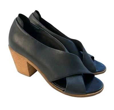 KELSI DAGGER BROOKLYN Heels 7.5 M Kacey Open Toe Leather Stacked Heel Black - Image 1 of 4