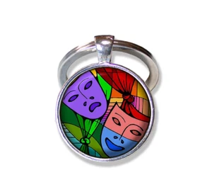 Theater Tragedy Happy Masks - Handmade ROUND Glass Pendant Keychain KEY RING - Picture 1 of 7