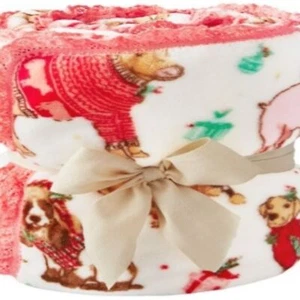 Pioneer Woman Throw Blanket Christmas Farm Animals Pigs Dogs Cows Lace 72 x 50 - Picture 1 of 4