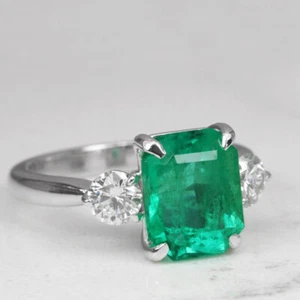 3Ct Green Emerald Cut Three Stone Antique Engagement Ring 14k White Gold Finish - Picture 1 of 10