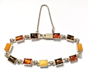 Sterling Silver 925 Baltic Amber Multicolored Link Bracelet Rectangle Women Gems - Picture 1 of 5