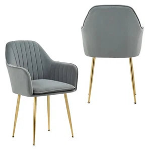 Modern Velvet Dining Chairs Set of 4/6, High Back Golden Metal Legs Beige/Gray - Picture 1 of 28