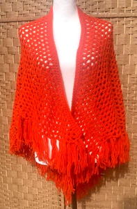Vintage Red Handmade Acrylic Open Knit Crochet Acrylic Triangle Shawl Cape - Picture 1 of 5