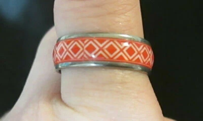 Boho Hippie Orange/Red & White Ring Stainless Steel Banded Style Womens Sz 8.5 - Image 1 of 3