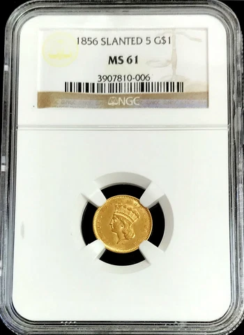 1856 GOLD USA SLANTED 5 PRINCESS HEAD $1 DOLLAR NGC MINT STATE 61 Cover
