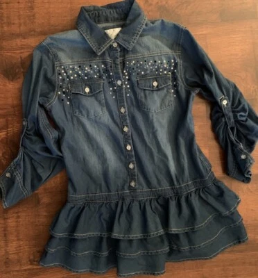 Justice 蓝色牛仔连衣裙,带层叠褶边,女孩,尺寸 14,闪亮 - 水钻 — 第 1/4 张图片