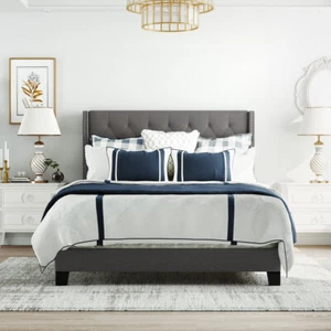 Home Queen Upholstered Platform Bed with Classic Headboard, Box Spring Needed - Picture 1 of 8
