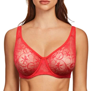 Plus Size Womens Bras Lace Sheer Bra Unpadded Party Sexy Lingerie Mesh Bralette - Picture 1 of 19