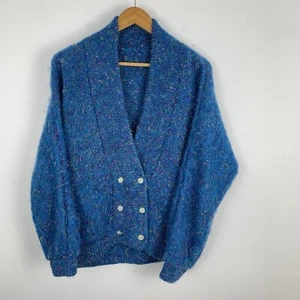 Vintage 80er Strickjacke Free Size Handarbeit? Blau gefleckter Grobstrick Retro Grunge - Bild 1 von 14