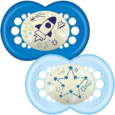 MAM Night Soothers 12+ Months Pack Of 2, Glow In The Dark Baby Soothers With May • 8.39£