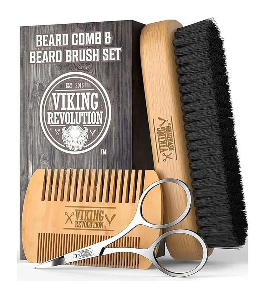 Viking Revolution Beard Comb & Brush Set for Men Natural Boar Bristle Gromming