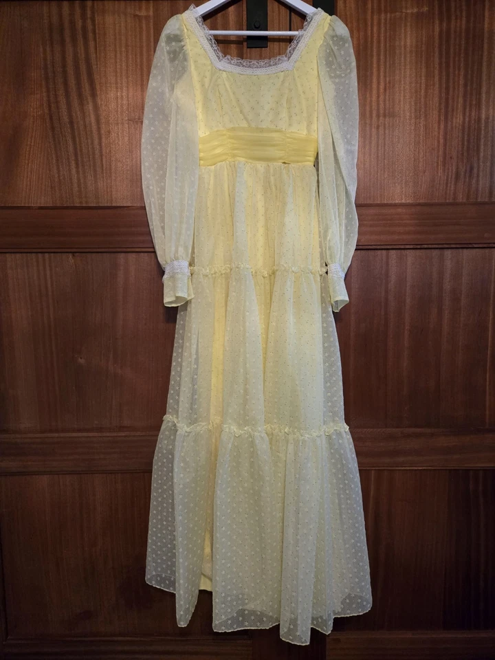 Vestido vintage años 70 Nadine amarillo punto suizo chifón pradera vestido de graduación con volantes Xs/s Foto 1 de 4