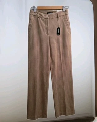 EXPRESS Womens 4R Trouser Mid Rise Straight Leg Pants Beige Tan Check Career NEW - Image 1 of 4