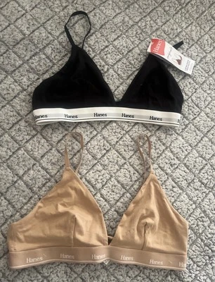 Hanes Wireless Bra Womens Size Medium Beige Black Unlined Bralette Soft 2 Pack - Image 1 of 4