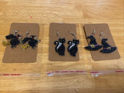 Lote de 3 pares de pendientes de pintura de diamantes hechos a mano acabados y sellados de Halloween Foto 1 de 4