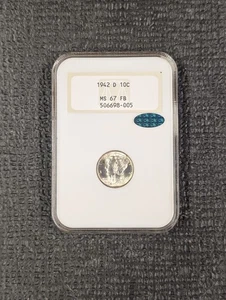 1942-D Mercury Dime MS 67 FB Green CAC Old Fatty NGC Holder - Blue Rev. Toning - Picture 1 of 5