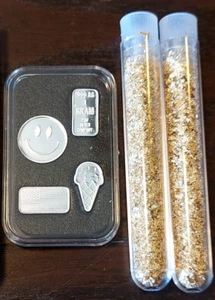 (4) X 1 GRAM 999 SILVER BARS - DIFFERENT DESIGNS - AND 2 VIALS OF GOLD FLAKES! - Picture 1 of 18