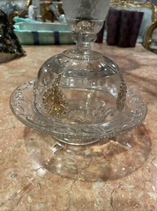Beaded ANTIQUE Covered Butter Dish CLEAR GLASS With Gold Accent - Picture 1 of 8